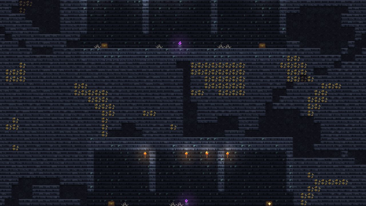 Las ruinas sumergidas de DEEPER: salas de piedra enterradas, cofres y pasadizos iluminados por antorchas.